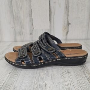 Collection by Clarks Cusion Soft Dark Blue Leather Hook & Loop Sandals Size 9.5M